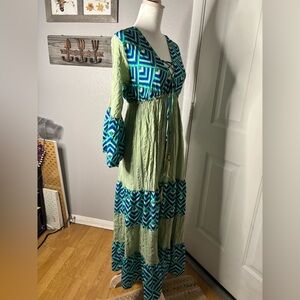 Handmade in Bali | sz m | boho Blue/Green Tiered Maxi Sundress with Bell Sleeves